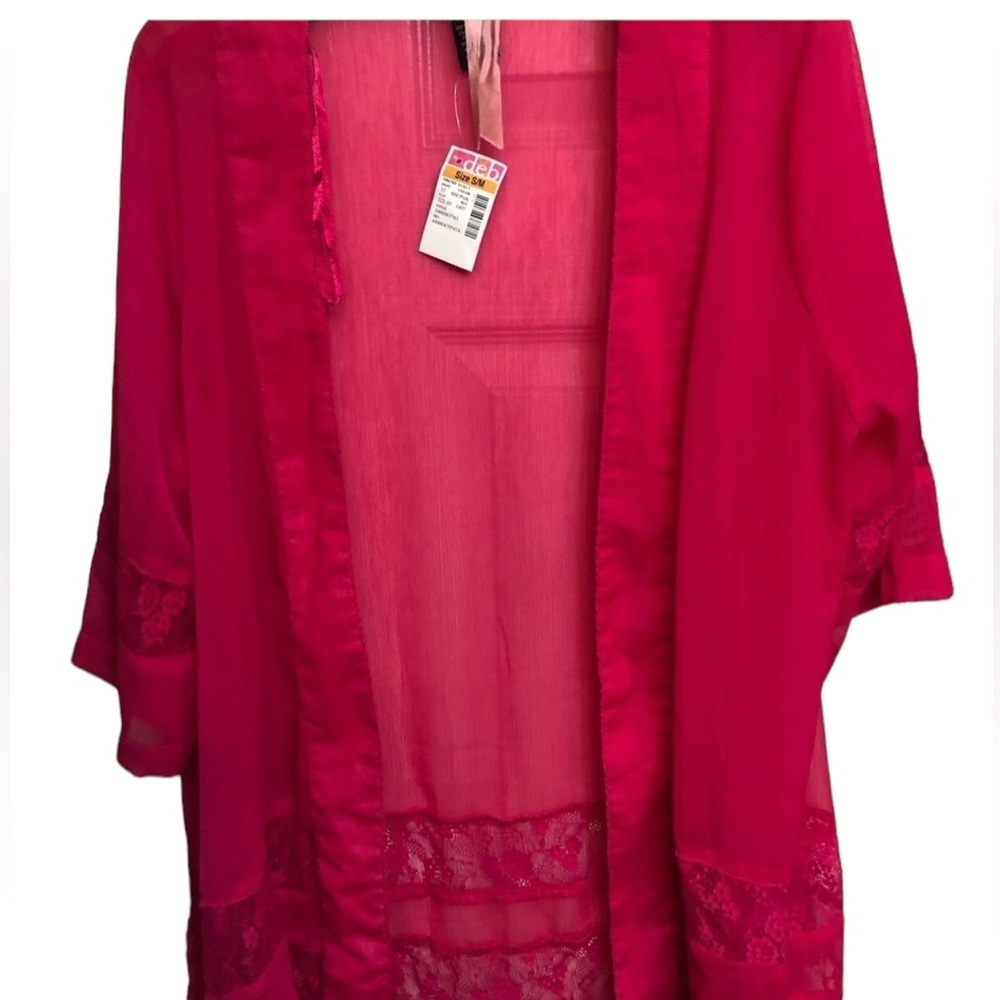Deb size S/M pink lightweight Open front top /coverup , lace trim NWT